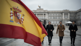 صورة تعبيرية للعلم الإسباني يرفرف أمام مبنى حكومي في مدريد بأجواء غائمة تعكس التوتر الدبلوماسي