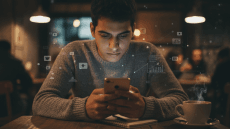 شاب يتصفح هاتفه الذكي وسط أيقونات وسائل التواصل الاجتماعي المضيئة تعبيراً عن ترندات 2026