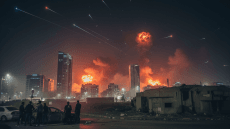صورة تعبيرية لدخان يتصاعد في سماء مدينة ليلاً إثر هجوم صاروخي واختراق للدفاعات الجوية