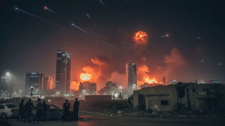 صورة تعبيرية لدخان يتصاعد في سماء مدينة ليلاً إثر هجوم صاروخي واختراق للدفاعات الجوية